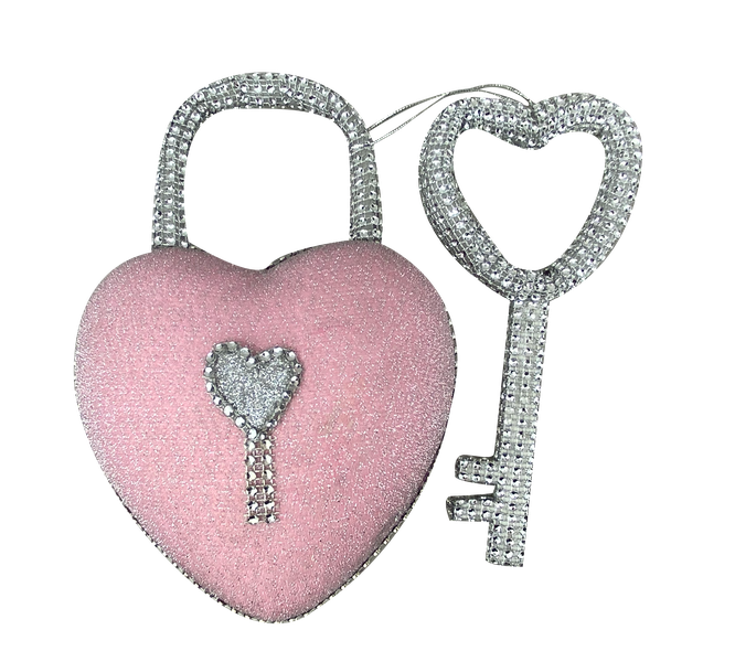 Introducing the 9.5" by 6" by 3" Pink Bling Heart Lock N Key: a delightful heart-shaped pink padlock, model 63011PK, that comes with a coordinating heart-shaped key. Both are elegantly embellished with glistening rhinestones on a transparent backdrop for an added touch of sophistication and style.