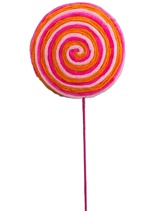 The 20" by 6.5" Hot Pink and Orange Lollipop Pick (63456BTOR) features a striking combination of hot pink, orange, and white spiral patterns on a pink stick, set against a black background.