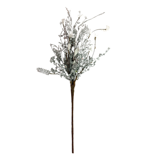 The 24 Mixed Christmas Spray 63256-Silver features frosted green leaves, small white flowers, a brown wrapped stem with silver accents, and is displayed isolated on a white background.