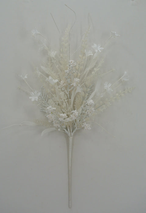 A delicate bouquet of white artificial flowers and foliage, featuring the 24 Mixed Christmas Spray 63526-WT with small blooms and wispy stems, arranged against a plain light background.