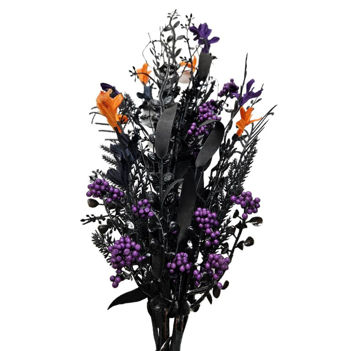 The 24 Purple Mixed Halloween Spray 63526-PU features purple mixed berries, black stems, orange flowers, and a black ribbon, arranged against a white background.