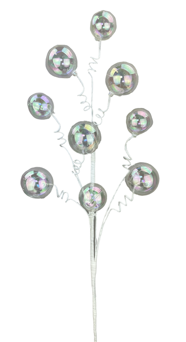 The H28 Clear Iridescent Ball Spray features swirling stems and nine iridescent balls on a white wire, making it perfect for adding elegance to any occasion. Product code: 63591CLEAR.