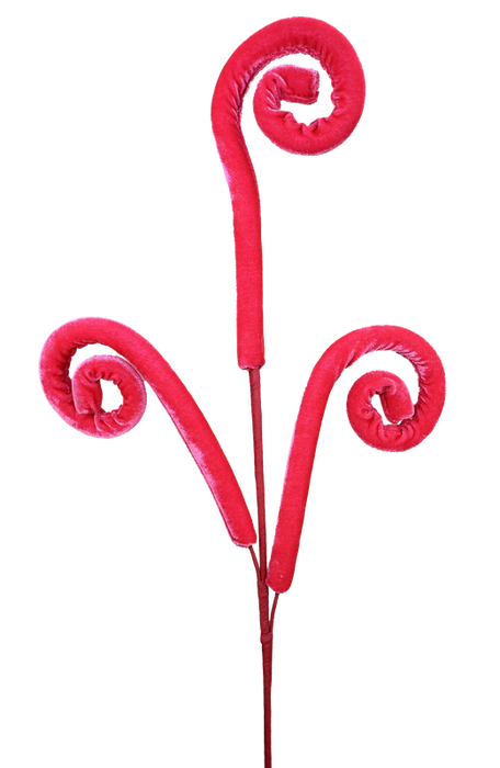 Three spiral objects like Coral 3 Stems Velvet Spiral Curly Spray fiddleheads rise from thin stems. These stylized decorative elements stand at 28 tall against a white background with a hint of coral elegance.