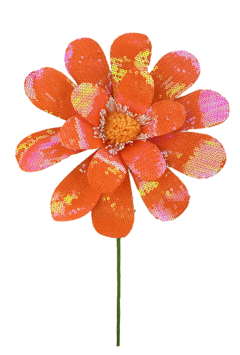 The 24 by 8 Orange Sequin Daisy Spray 63630OR features bright orange petals with yellow and pink sequins around an orange and yellow center, all atop a slender green stem.