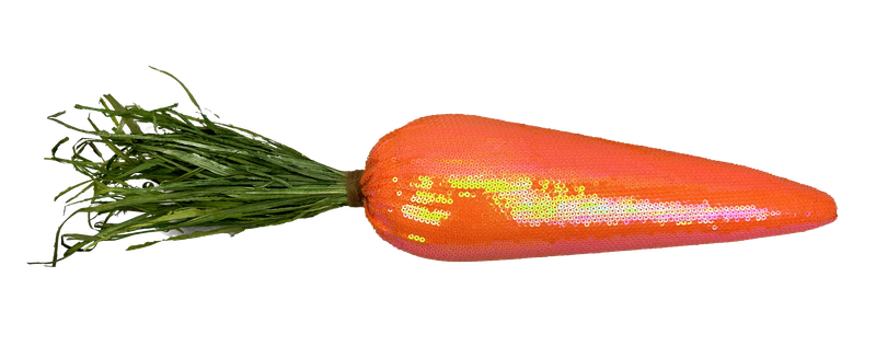 The H17xDIA3.5 Orange Decor Sequin Carrot 63633OR features a vibrant sequined body with lush green fabric leaves, making it a charming decor piece. Perfectly isolated against a white background, it adds a playful touch to any setting.