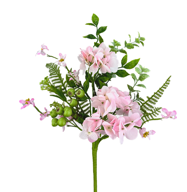 The 18 Pink Hydrangea Leaves Pick (63663PK) showcases delicate light pink hydrangeas with green leaves, ferns, small pink blossoms, and green berries on long stems, beautifully arranged against a pristine white background.