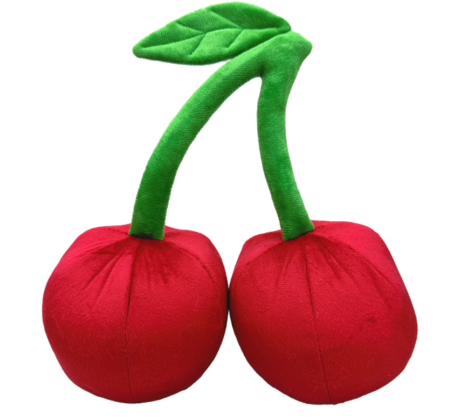An 11 x 5.5 plush toy featuring two bright red cherries with green stems and a leaf, connected at the top. Style: 63694RD.