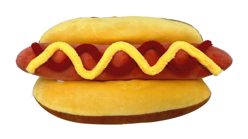 Meet the 4.5 X 8 Plush Hot Dog 63697HOTDOG, a charming toy with a soft bun, brown sausage, and wavy yellow and red lines mimicking mustard and ketchup—ideal for snack-time fans!.