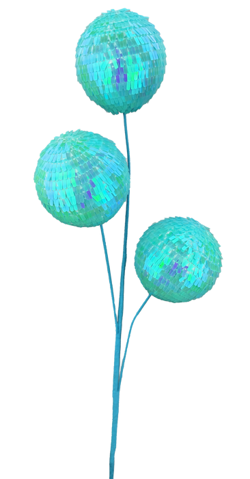 Three shimmering sequin ball floral arrangements in iridescent blue and green, each on a slender 28 stem, create an exquisite mosaic-like display. Product: 28 Blue 3 Stems Sequin Ball Spray 63753BL.