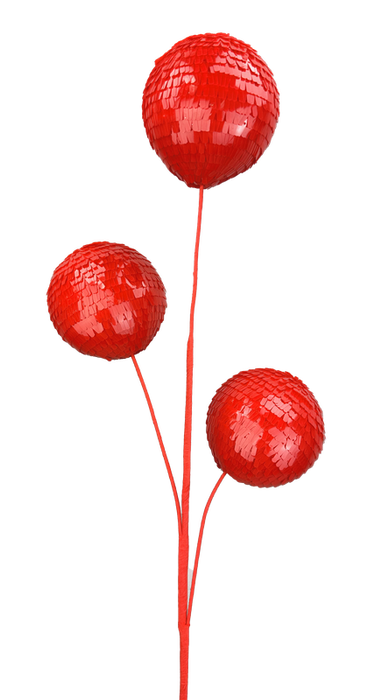Three red, spherical ornaments, styled like abstract flowers on thin stems against a white background, resemble the 28 Red 3 Stems Sequin Ball Spray (63753RD).