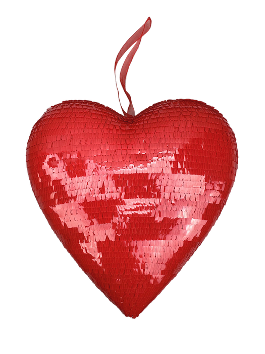 The 9 x 9 x 2 Red Sequin Heart Ornament 63783RD features sparkling sequins, a ribbon loop at the top, and is displayed against a plain white background.