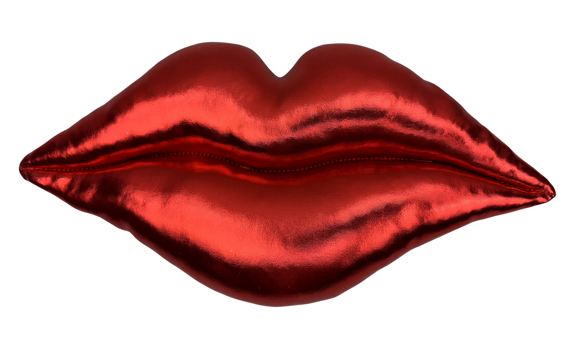 Add playful style to your space with the 7 x 13 x 2 Red Plush Metallic Lip 63826RD—a shiny, metallic red pillow shaped like lips, featuring a center seam to resemble a mouth. Perfect for bold, fun decor!.