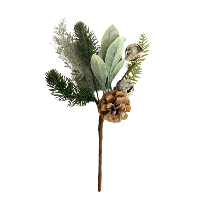 The 13 Mixed Pine Pinecone 64572 is a small winter spray with mixed pine, frosted leaves, green and brown greenery, and a brown stem.