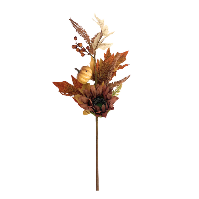 The 26 Mixed Sunflower 64606 is a decorative artificial fall floral pick featuring rust and cream leaves, a mixed sunflower, berries, and a small pumpkin on a long brown stem.