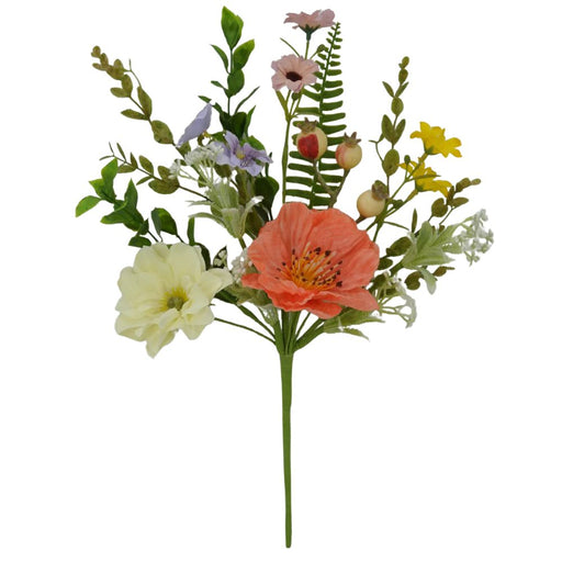 The 14 Lavender White Peach and Yellow Mixed Poppy Berry Pick features artificial flowers, a large peach flower, cream bloom, yellow and pink blossoms, green leaves, poppy berry accents, and fern-like foliage against a white background.
