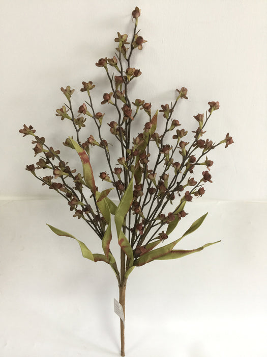 The 23 Long Brown Wood Berry Spray 65121-BRN features multiple small brown and green buds with elongated green leaves, displayed against a plain white background.