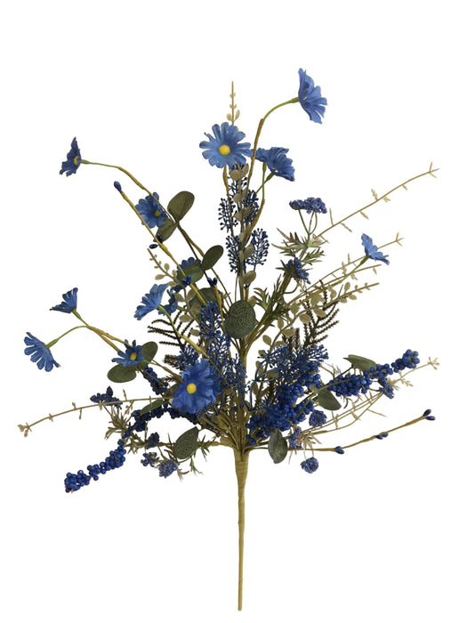 The 24 Long Blue Mixed Fall Filler Spray 65271-BL features artificial blue flowers and green leaves on slender stems, ideal as a fall filler spray against a simple white backdrop.