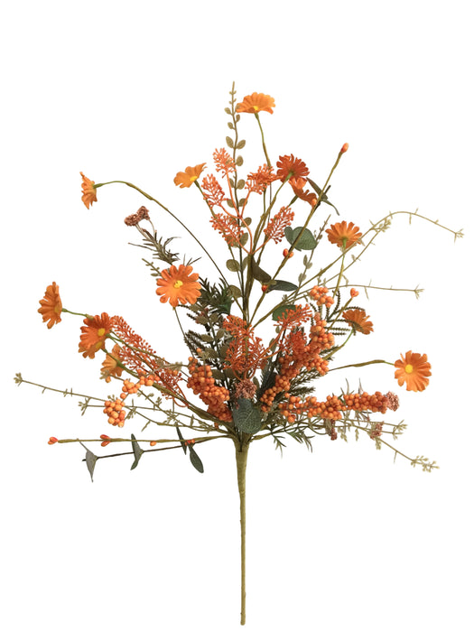 The 24 Long Orange Mixed Fall Filler Spray 65271-OR features bright artificial orange flowers and green foliage in a fan shape, perfect for adding a vibrant accent to any space against a plain white background.