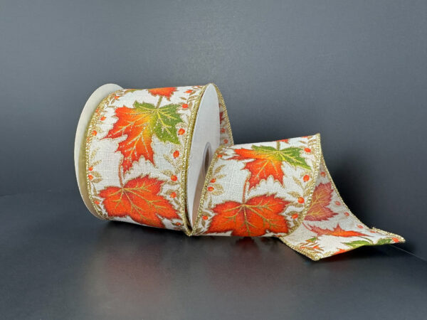 The 2.5x10Y Ivory Tex Linen/Big Leaves/Berry Edge Ribbon (68502-40-18) features an ivory linen base with bold leaves and berry edges, partially unrolled and elegantly arranged against a dark backdrop.