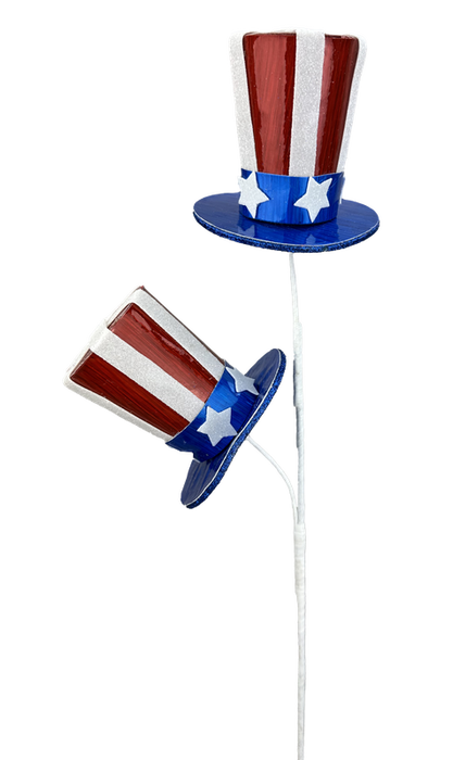 Two 24 Red White and Blue Glitter Stars Stripes Top Hat Sprays with 2 Stems (74239RWB) are mounted on white sticks against a plain background; one hat is upright, while the other is angled downward.
