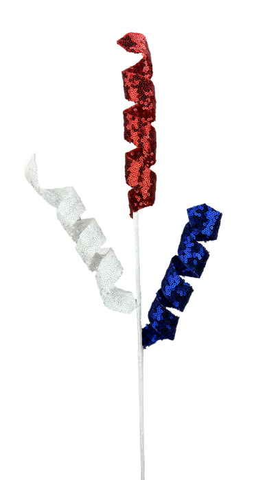 The vibrant 24 Red White and Blue Sequin Frizzy Curly Spray with 3 Stems (74244RWB) spirals in patriotic colors, resembling firework sparks. Each stem enhances the festive ambiance against a plain white background.