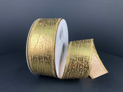 A partially unspooled 1.5X10Y Gold Crackle Lame Ribbon 75206-09-15 in metallic gold is displayed against a black background, highlighting its bold cracked pattern.