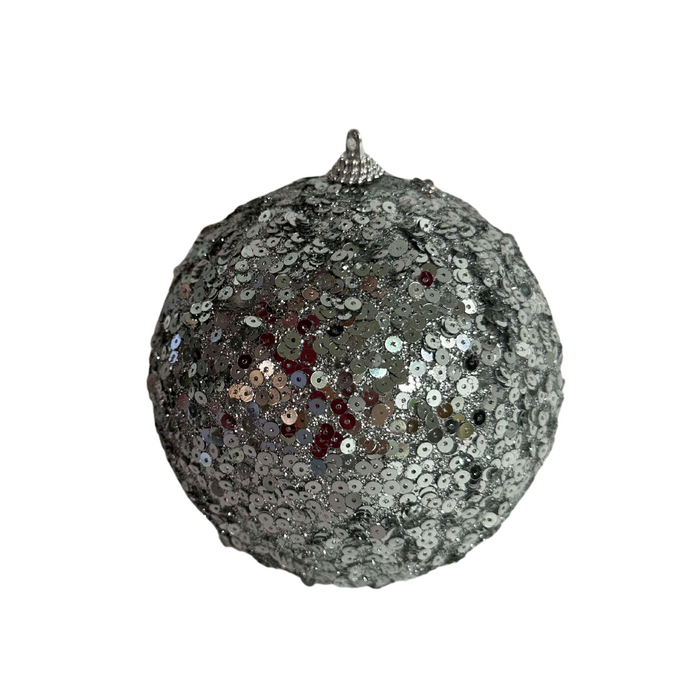 The 4.75 In Hanging Ball 82122-Sil features a sparkling, textured surface with shiny silver sequins. Ideal for festive decor, this round ornament is strikingly displayed against a white background.