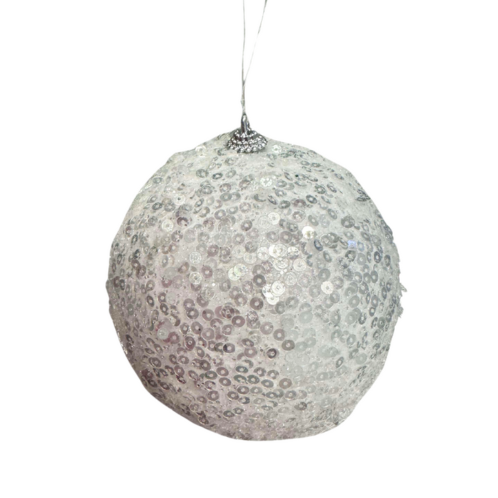 A 4.75 In Hanging Ball 82122-Wt, covered in shiny white sequins, hangs from a silver string against a white background.