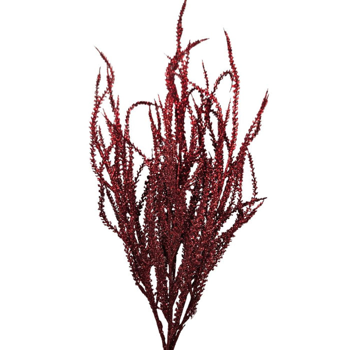 A bundle of 22 Red Willow with Glittered 82841-RD branches, long and narrow with a sparkling finish, is fanned out against a white background.