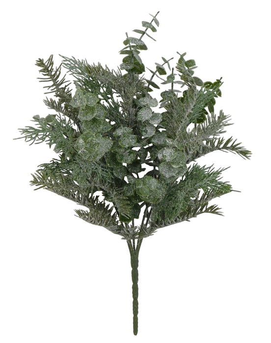 The 18 Green Iced Mixed Pine Cedar Bush 83249 is a small artificial bouquet with pine, cedar, and eucalyptus leaves dusted in glitter, arranged against a plain white background.
