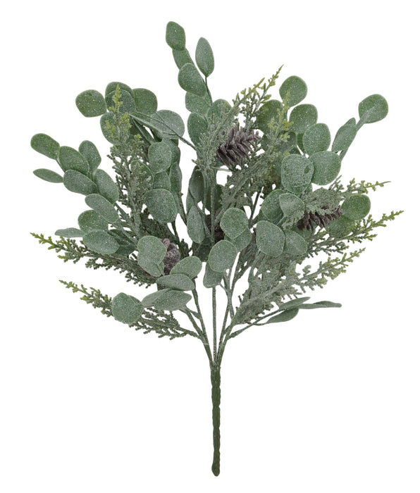 The 19 Green Eucalyptus and Cedar Spray 83662 features green artificial foliage with round, frosted leaves, cedar accents, and pinecones, arranged against a plain white background.