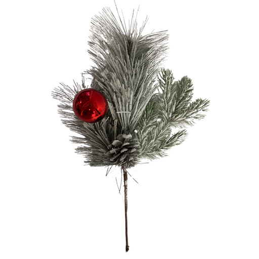The 16 In Mixed Pine Ball 83878 features a small frosted pine spray accented with a pinecone and shiny red ball ornament, shown against a white background.