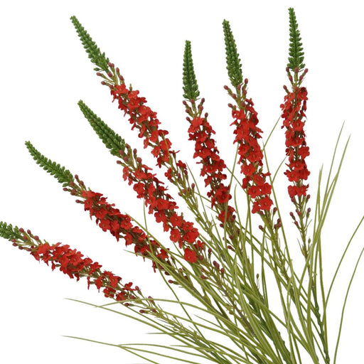 The 25.5 Red Lavender Bush with 7 Stems (84007-Rd) features elongated wildflowers with dense clusters of small blooms on tall, slender green stems of varying angles and lengths, accented by delicate, narrow leaves.
