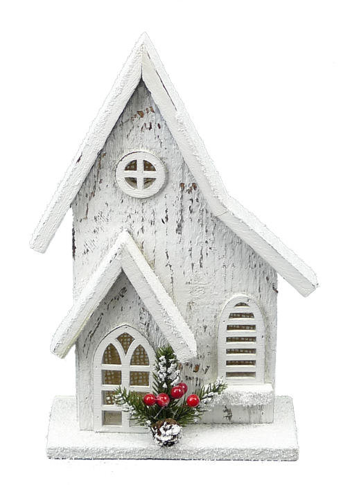 The White 11 House With 5 LED Lights (84012WT) features snowy accents, arched windows, and festive berries with pine at the base, creating a cozy winter or holiday atmosphere.