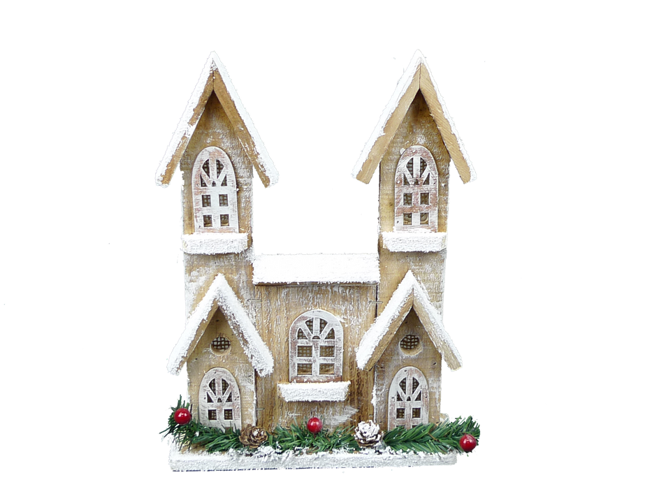 The 12 Brown House with 10 LED Lights (84014BN) features two peaked towers, white frosted accents, festive greenery with red berries and pinecones, LED illumination, and charming lattice designs on its arched and square windows.