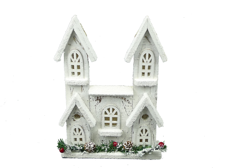 The 12 White House with 10 LED Lights (84014WT) is a decorative white wooden house with three snowy peaked roofs and a base adorned with pinecones, greenery, and red ornaments, all set on a plain gray background.
