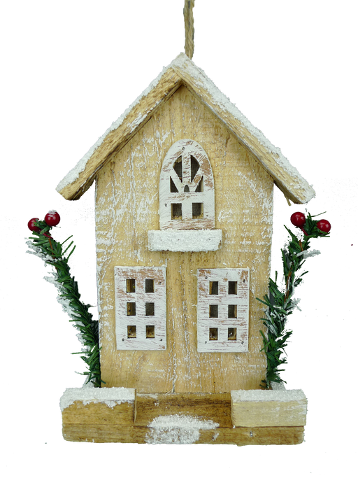 Add festive charm to your home with the 8 X 2.5 X 5 Wooden House Ornament 5 Button Lamp Brown (84428BN) featuring snow accents, two windows, a door, and artificial greenery with red berries—perfect for your holiday décor.