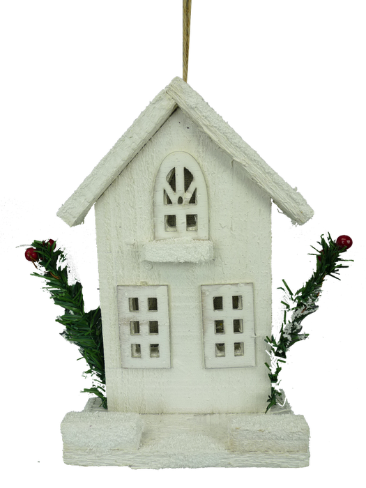 The 8 x 2.5 x 5 White Wooden House Ornament (84428WT) features detailed windows, a snowy finish, and is decorated with green sprigs and red berries on each side.