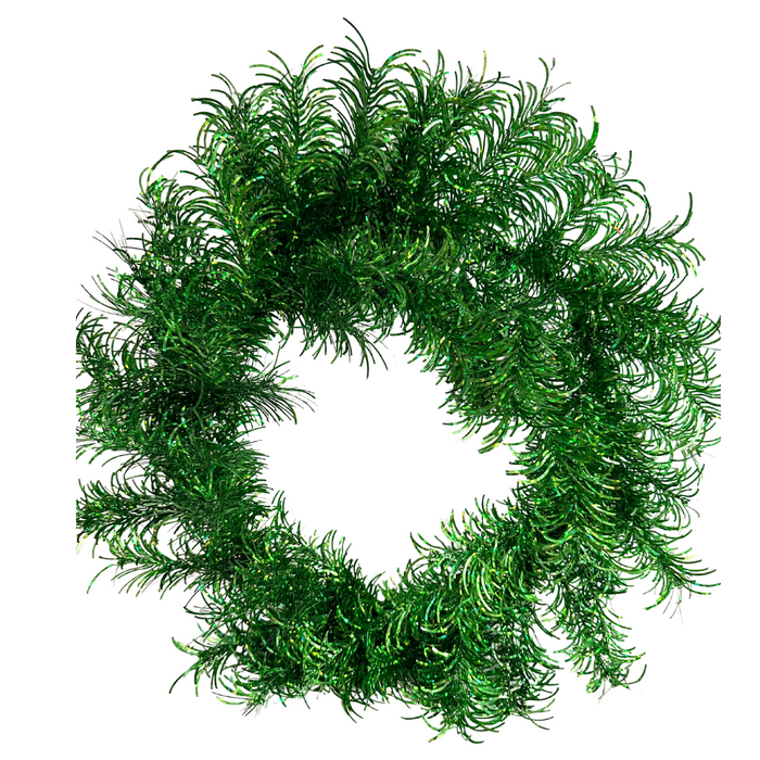 The 24 In Tinsel Wreath 84574-Gn features shimmering green, needle-like branches in a circular shape, isolated on a white background.