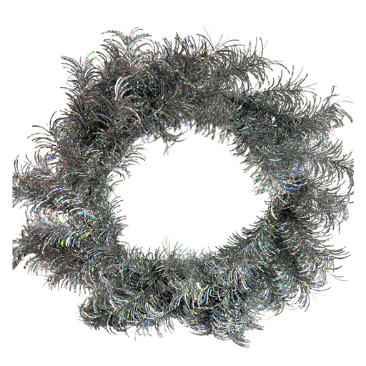 The 24 In Tinsel Wreath 84574-Silver features shiny silver tinsel in a circular design with an open center. Placed on a white background, it reflects light for a sparkly and festive look.