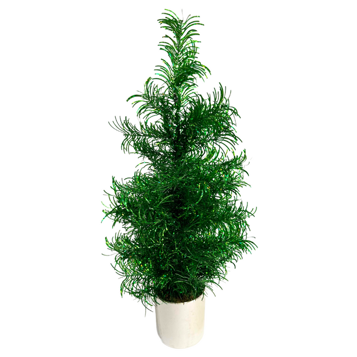 The 24 In Tinsel Tree 84578-Gn features dense green branches and comes in a sleek silver pot, displayed against a plain white background.