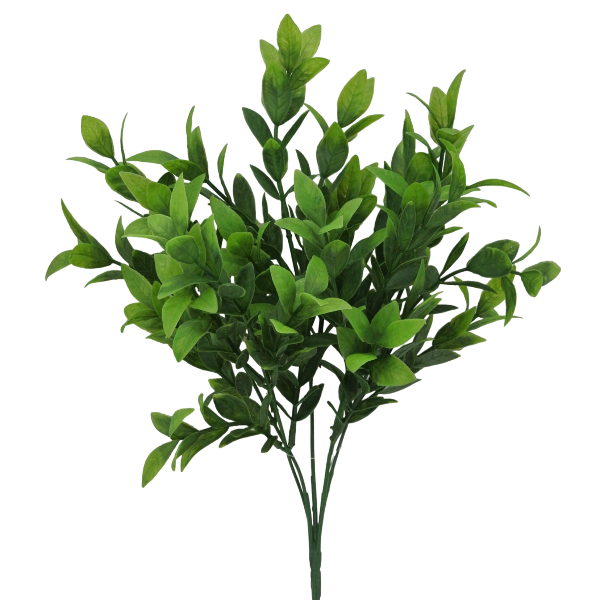The 14 Baby Ruscus Bush with 5 Stems (Product ID: 84814) boasts lush, artificial green leaves in various sizes and shades, branching out gracefully for a vibrant, bushy look.