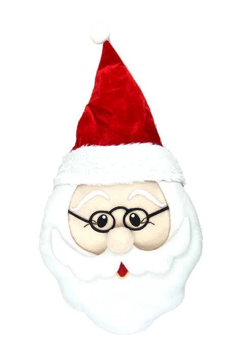 The 16 x 10.5 x 5 Red and White Plush Santa Head 85294RDWT features a cartoon style with round glasses, white beard, smiling face, and a classic red and white hat on a transparent background.