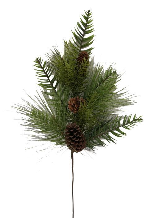 The 26 Pine Spray 85339SP28 features pine needles, fir branches, and brown pine cones on a slim dark stem, isolated on a transparent background.