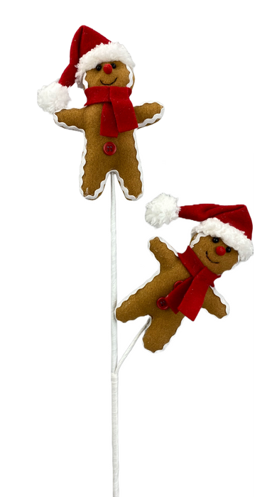 The 25 Brown Plush Gingerbread Man Spray with 2 Stems (85703BN) features gingerbread men ornaments with red scarves, Santa hats, red buttons, and black eyes, perfect for holiday decor against a white background.