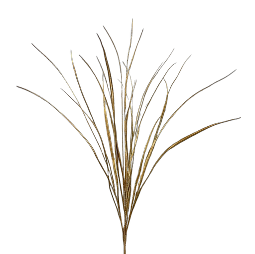 The 32 Metallic Sword Grass Bush with 5 Gold Stems (85862GD) resembles a minimalist sculpture, featuring slender gold stems and wispy twigs, set against a black background to capture its graceful form.