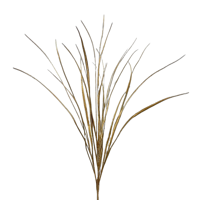 The 32 Metallic Sword Grass Bush with 5 Gold Stems (85862GD) resembles a minimalist sculpture, featuring slender gold stems and wispy twigs, set against a black background to capture its graceful form.