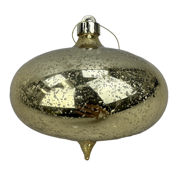 A 6 x 6 Gold Metallic Onion Ornament (85951GD), oval-shaped with a shiny, speckled surface and a small metal cap for hanging.