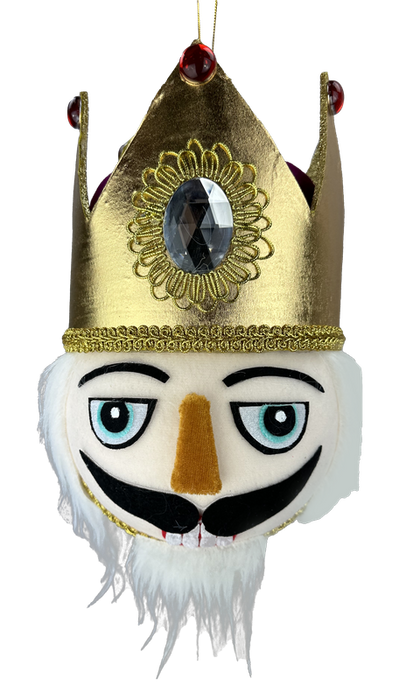 A 10 by 7 hot pink Nutcracker King Head ornament (85990BT) with a golden crown, blue eyes, black mustache, white beard, and jeweled crown, shown isolated on a white background.
