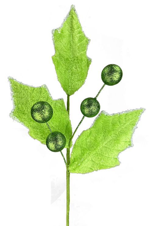 Illustration of a 28" Green Holly Leaves Ball Spray, showcasing three textured green leaves and five green spherical elements on thin stems, resembling a harmonious blend of nature and abstraction that evokes the vibrant texture of holly with an artistic touch.